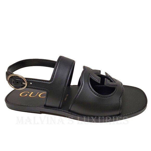 GUCCI SHOES MENS BLACK LEATHER CUTOUT INTERLOCKING G LOGO SANDALS sz 11 / 11.5 - Picture 6 of 14